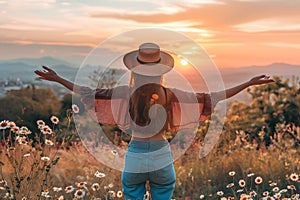 Happy woman standing with her back on sunset in nature