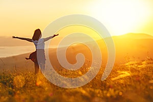 Contento una donna piedi suo sul tramonto natura 