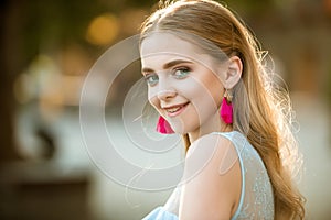 Happy woman with stylish makeup and long blonde hair. summer fashion woman. Perfect female. Beauty and fashion look of