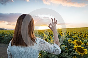 Happy woman in sunflower field. Summer girl in flower field cheerful. Asian Caucasian young woman raise arm OK and freedom show in