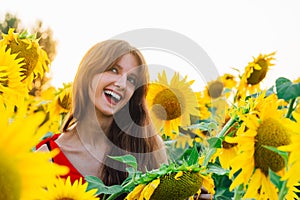 Happy woman with sunflwer enjoying nature and laughing on summer sunflower field.