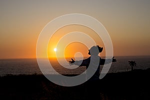 Happy woman at sunset in silhouette