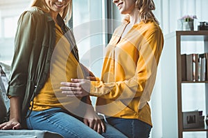 Happy woman supporting surrogate expectant mother
