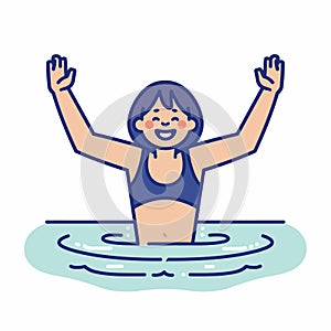 Happy woman swimming water, hands up, joyful expression, blue swimsuit, short hair, cartoon style