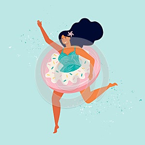 Happy woman in a swimsuit runs with sweet donut inflatable swimming pool float. Summer beach party. Female character is resting by