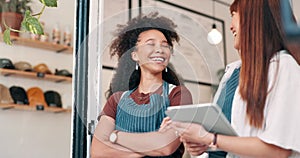 Happy woman, tablet and team laughing at cafe by door for funny joke, meme or conversation in small business. Female