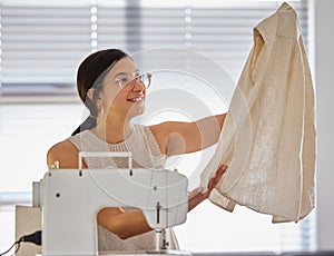 Happy, woman and tailor with shirt in apartment for small business, fashion design and pride. Female seamstress, smile