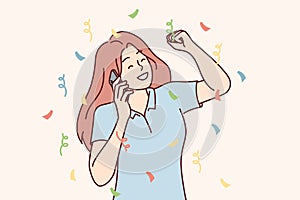 Happy woman talking on phone and victory gesture accept congratulations on birthdays. Vector image