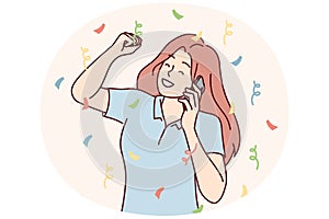 Happy woman talking on phone and victory gesture accept congratulations on birthdays. Vector image