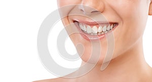 Happy woman, teeth and smile for dentist, mouth hygiene or dermatology against a white studio background. Closeup of