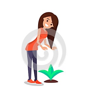 Happy Woman Tenderly Look at Growing Plant Vector