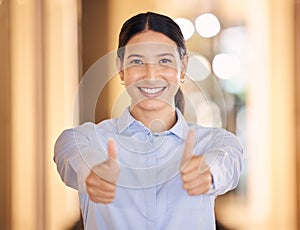 Happy, woman and thumbs up hands for business, success or deal of an employee against a bokeh background. Portrait of