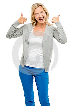 Happy woman thumbs up isolated on white background