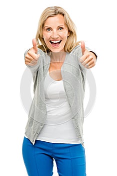 Happy woman thumbs up isolated on white background
