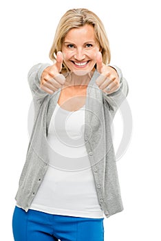 Happy woman thumbs up isolated on white background