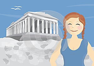 Happy woman tourist near Acropolis of Athens photo