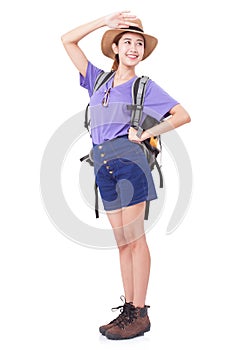 Happy woman traveler with backpack