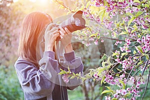 Happy woman traveler take photos by camera with cherry blossoms tree on vacation while spring