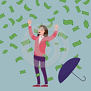 Happy woman with umbrella falling money rain. Success finance business, falling cash. Vector illustration