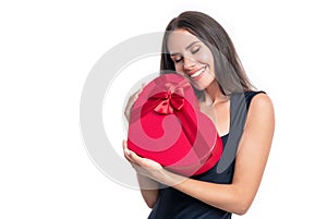 happy woman and valentines present box. elegant woman at valentines day hold present.