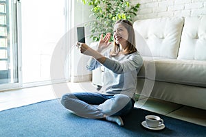 Happy woman during a video call