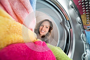 Happy Woman View From Inside The Washer