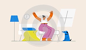 Happy woman waking up in morning. Person sitting on bed and stretching arms. Flat vector illustration, wellness concept