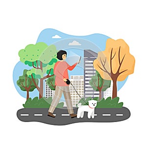 Happy woman walking with dog in city park and using mobile phone, flat vector illustration. Smartphone addiction.