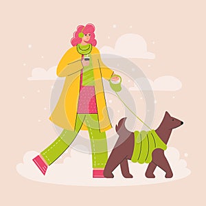 Happy woman  walking with dog in cold winter park. Walk Your Dog Month.  Outdoor activity with pet. Trendy vector illustration in