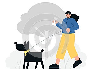 Happy woman walking with her dog in a park. Daily exercise and health benefit. Flat vector illustration with animals and people