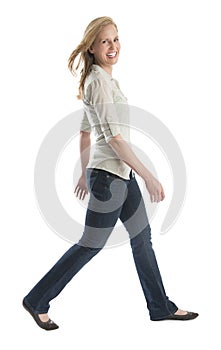 Happy Woman Walking Isolated On White Background