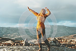 Happy Woman walking outdoor in mountains