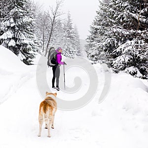 Happy woman walking in winter woods with dog