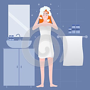 Happy woman wash hair, hygeine daily routine, taking shower in bathroom, spa concept, indoor objects
