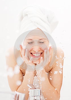 Happy woman wash herself