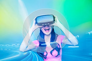 Happy woman watching virtual reality