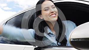 Happy woman waving hand sitting in car with man 14