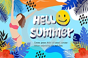 happy woman wearing bikini summe background tropic bright colors smile