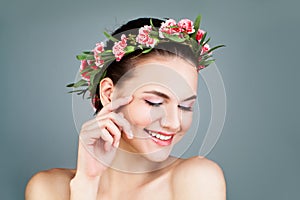 Happy Woman Wearing Flowers Wreath