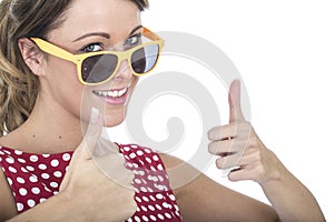 Happy Woman Wearing Yellow Sun Glasses Giving Thumbs Up