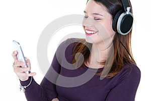 Happy woman on white background watching videos on phone