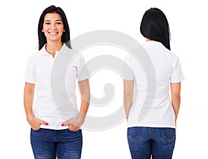 Happy woman in white polo shirt photo