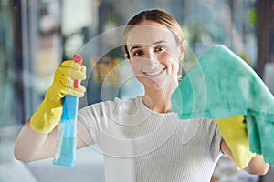 Happy woman, window cleaning spray and bottle with cloth for dust, bacteria or dirt in apartment, home and Australia