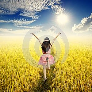 Happy woman in yellow rice field and Sun sky on beautiful day