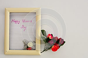 Happy womans day background white paper purple coclor pink flower