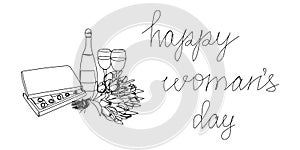 Happy womans day continuous line drawing. One line art of english hand written lettering with flowers, champagne and