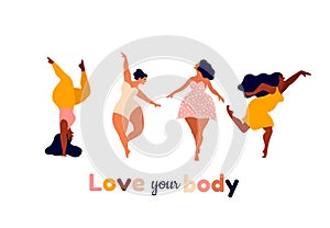 Happy women. Body positive vertical cards. Love yourself, your body lettering type.