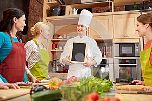 Happy women and chef cook with menu in kitchen