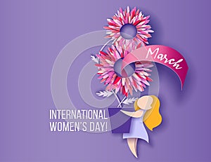 Happy Women Day 8 March holiday illustration. Paper cut girl