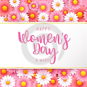 Happy women day 8 march text calligraphy with beautiful flower background 002